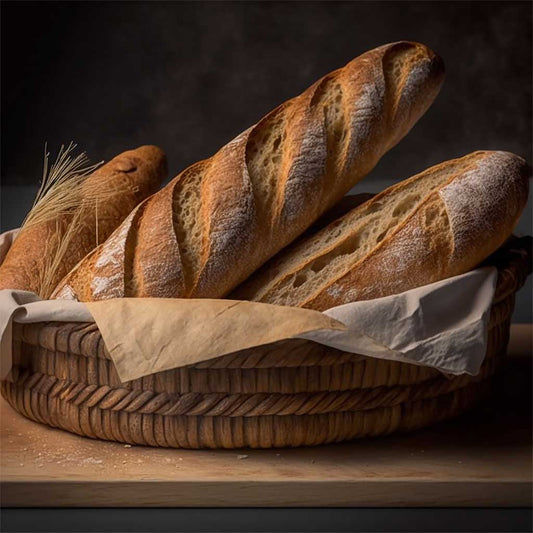 Three freshly-baked baguettes in a basket, made with the finest ingredients and perfect for adding a crunchy touch to your sandwich or as a side with soup or salad.